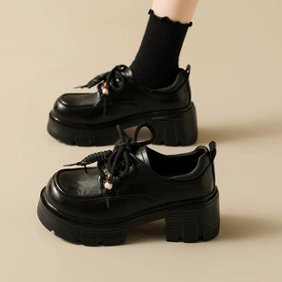 黑色粗跟小个子增高英伦风小皮鞋 女2026新款 7CM厚底乐福鞋 软牛皮