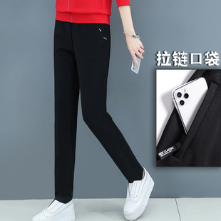妈妈松紧腰弹力跑步加绒卫裤 女士拉链口袋休闲运动裤 新款 2025秋季