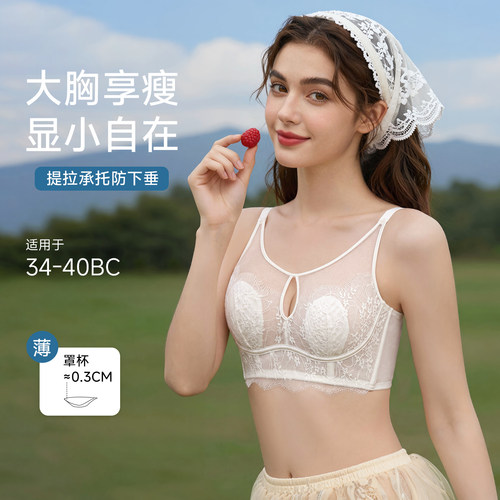 奥丽侬薄款大胸显小蕾丝镂空文胸