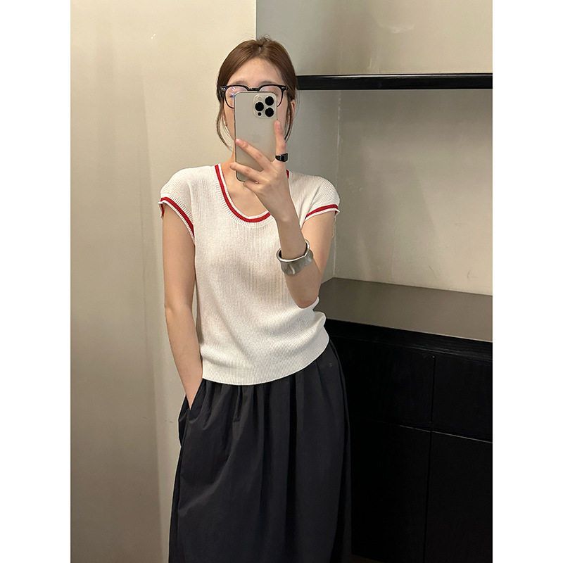 MMC DITION冰丝针织衫女装夏季新款薄修身显瘦撞色亚麻小飞袖上衣
