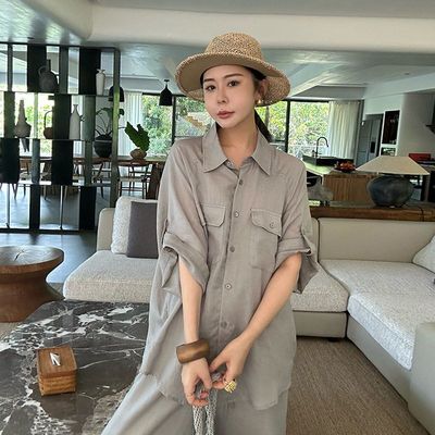 ELSISSI广州十三行爱姐家松弛感宽松苎麻翻边袖短袖衬衫衬衣8644
