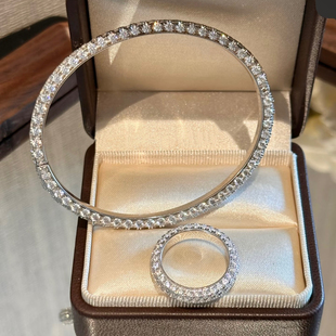 S925银镀白金漫天星三面钻爆闪钻实心排钻满圈银手镯戒指