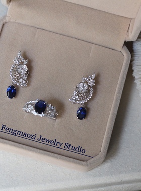 S925银银镀白金轻珠宝培育蓝宝蕾丝重工高级感项链手链耳环戒指