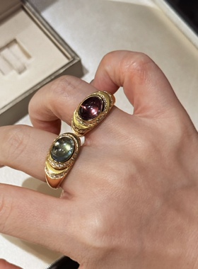 高定宝家同款中古风天然石紫水托帕镶钻戒指铜镀金复古指环女