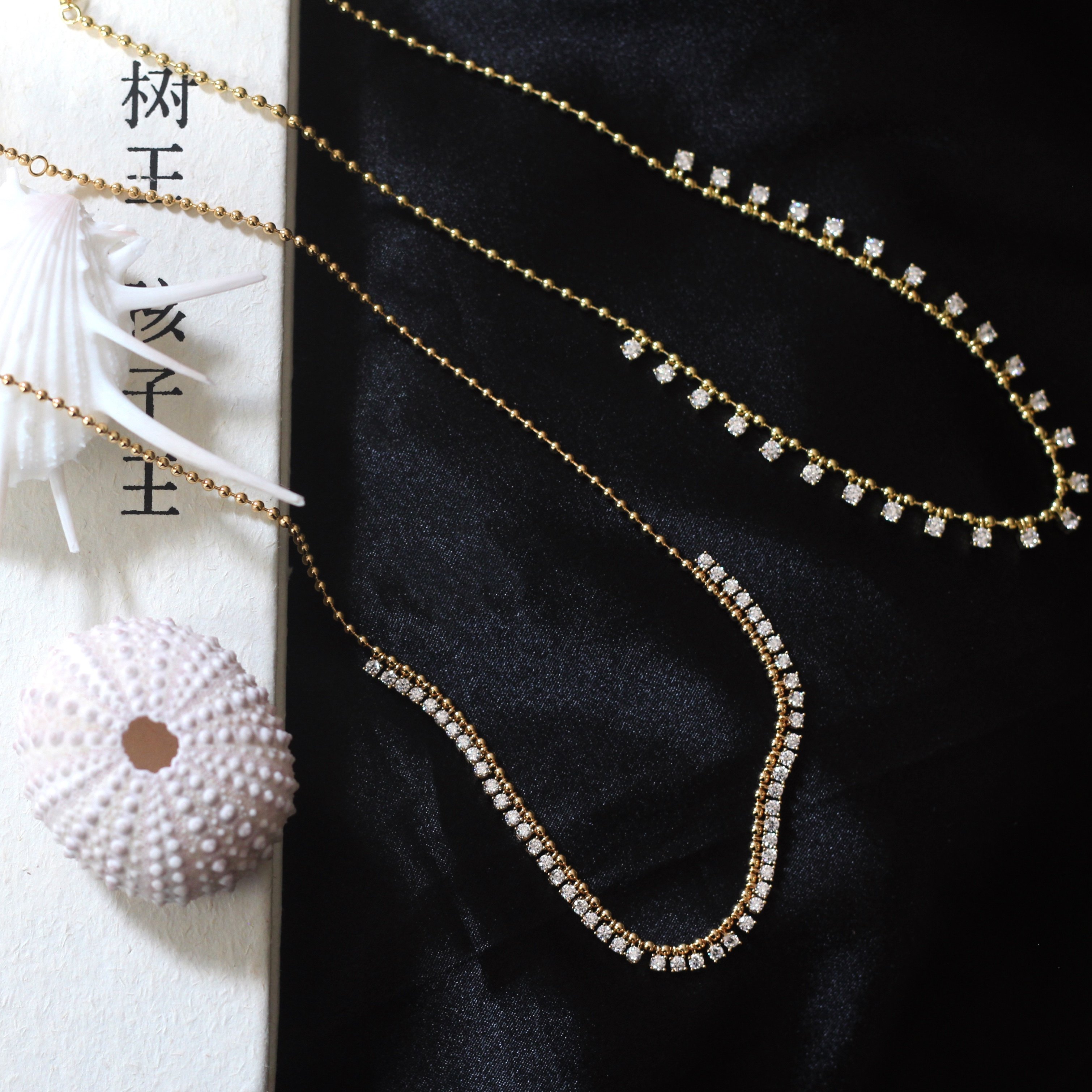 S925银镀金金珠圆珠方钻流苏满钻锁骨链项链