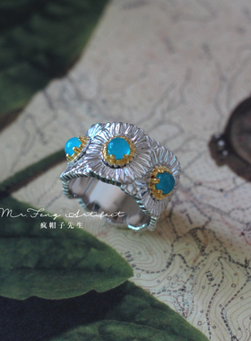 意大利轻奢高级感S925纯银彩色宝石雏菊蓝玛瑙复古设计独特戒指女