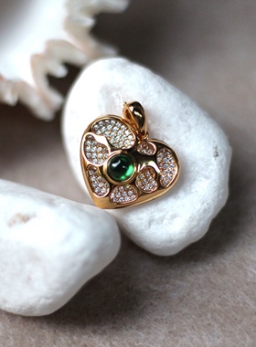 S925银镀金双面可佩戴心形祖母绿满钻项链吊坠