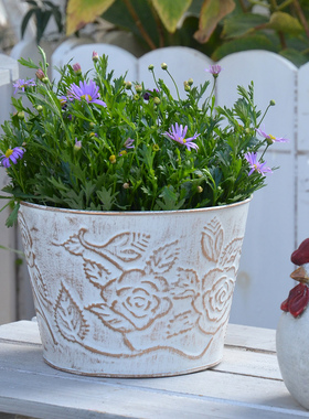 外贸出口原单 压花铁艺花器花桶做旧复古客厅铁皮桶法式乡村花盆