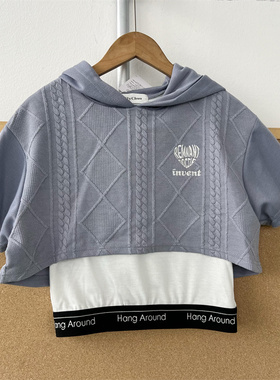 2n-156儿童款甜酷风假两件连帽卫衣学院风设计感短款上衣J26-4