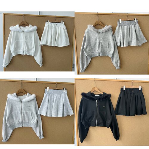 3Z-30韩女加绒毛领连帽短款卫衣短裙宽松松紧腰伞裙版型YL26-8