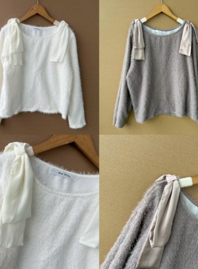 2B-69春秋款圆领蝴蝶结装饰端庄大气显肤白毛茸茸纯欲风上衣Z25-8