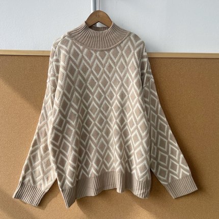 楼7-69复古菱形格半高领毛衣女秋冬款慵懒风软糯舒适针织衫Z25-11
