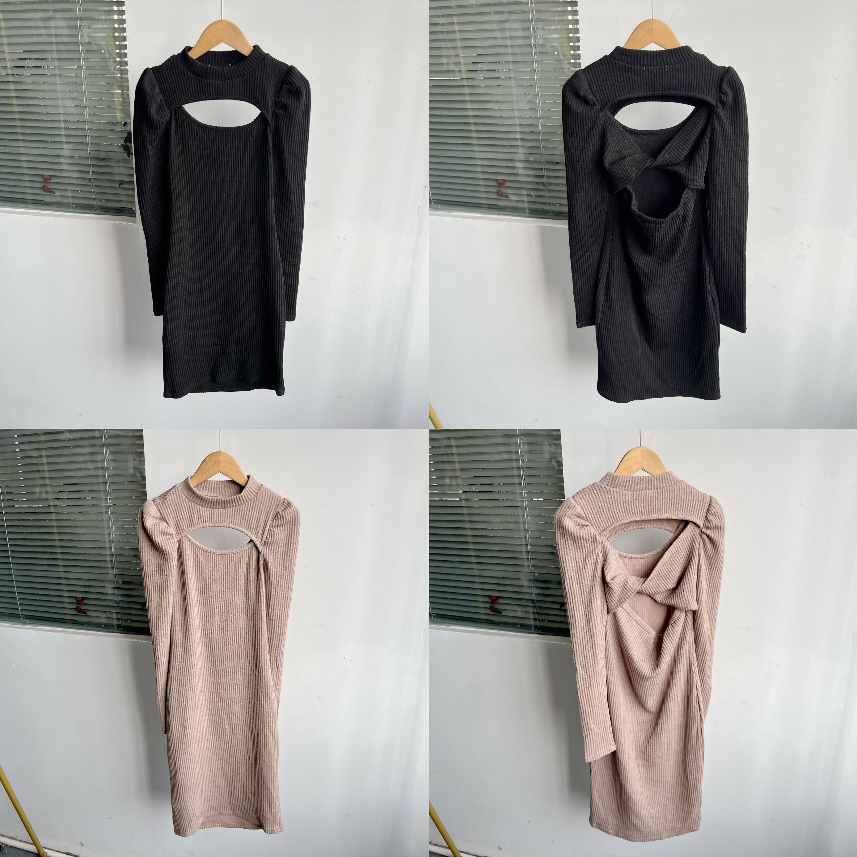 2W-8纯色镂空设计感长袖针织连衣裙百搭舒适随性慵懒风J25-7