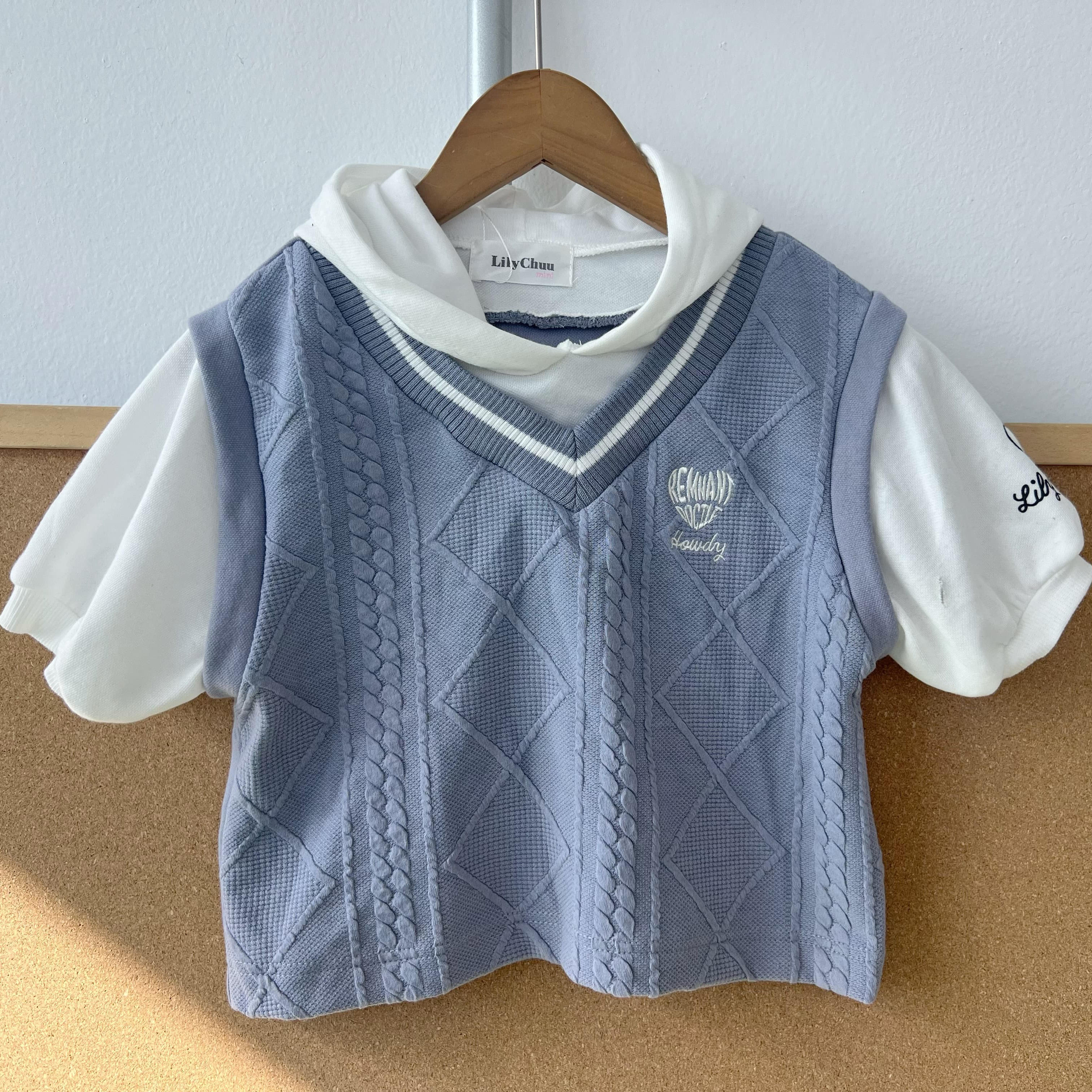 2S-88儿童款假两件连帽字母刺绣针织短袖T恤设计感活力上衣J25-11