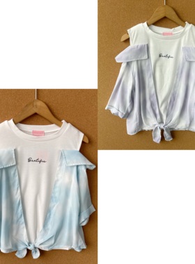 2O1-34儿童假两件小刺绣拼接撞色露肩时尚洋气圆领休闲上衣H25-9