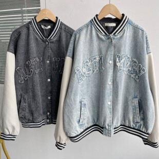 字母刺绣棒球服夹克H25 复古立领软牛仔外套情侣款 72美式 楼10A