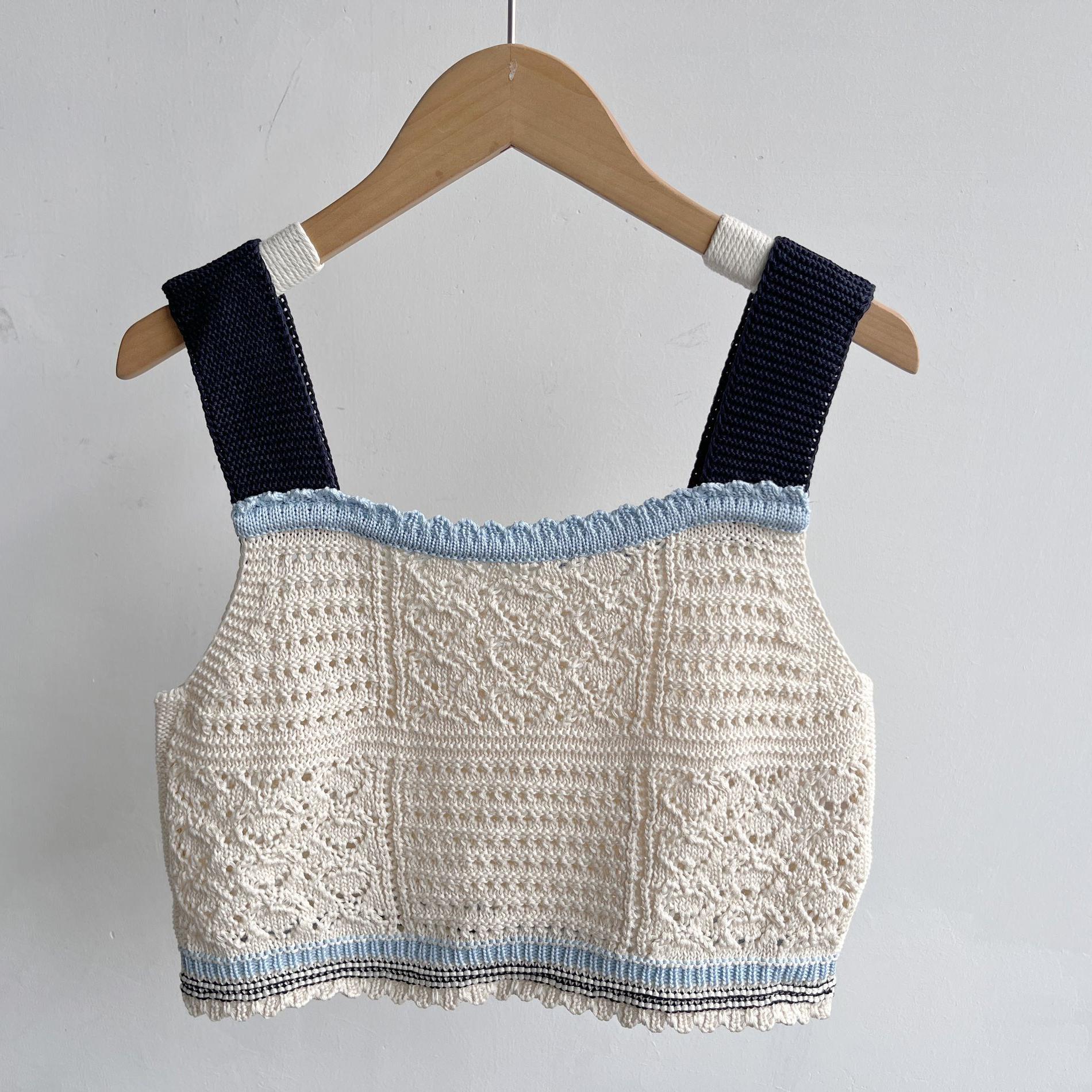 微瑕夏镂空背心短款修身外搭百搭上衣休闲针织撞色设计感无袖Y12