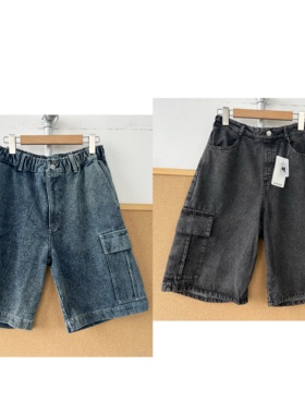 2Y1-40复古水洗做旧松紧腰牛仔短裤夏季显瘦工装风直筒裤J26-4