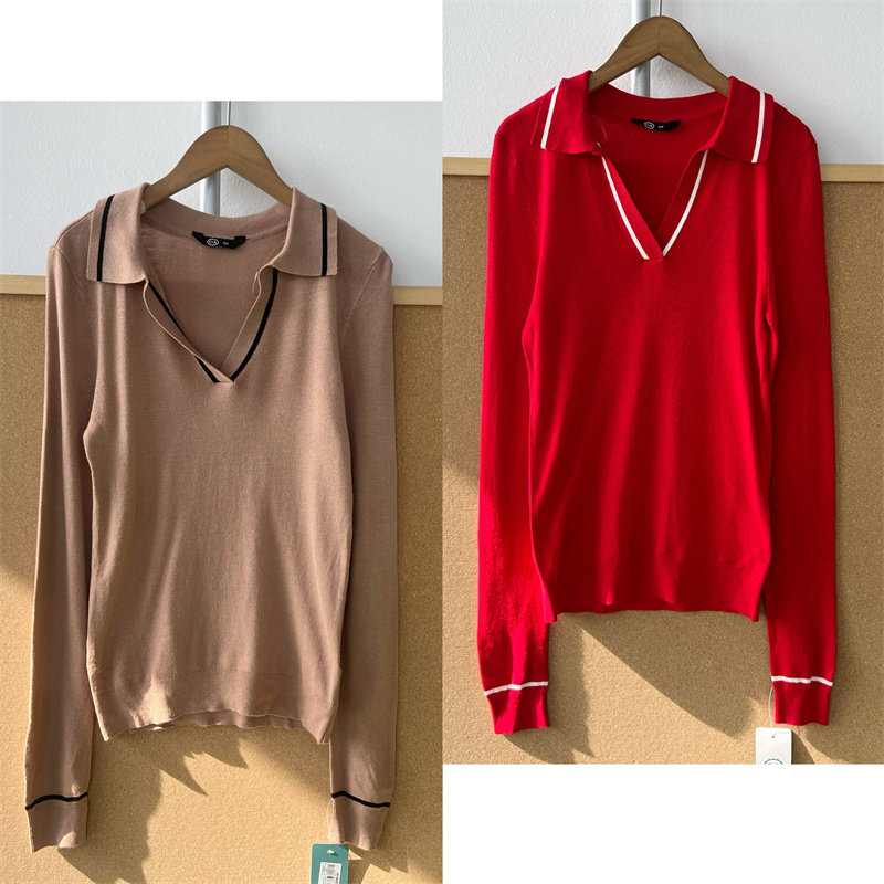 O3-39早秋薄款V翻领针织衫撞色线条舒适气质内搭外穿上衣Z25-12