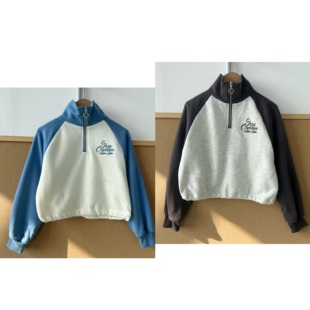 2d-84儿童薄绒字母刺绣撞色插肩袖半拉链立领设计感短款卫衣H26-1