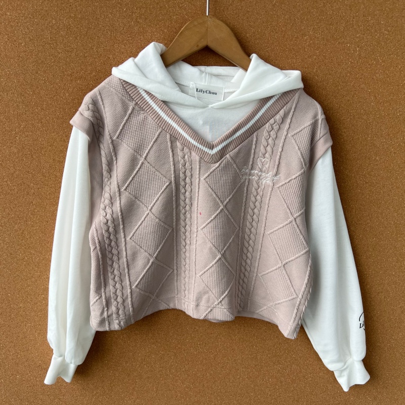 2P1-17儿童款连帽假两件长袖针织T恤学院风洋气可爱显瘦上衣Z25-9