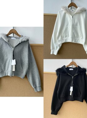 B2-35加绒女短款毛毛连帽外套拉链设计慵懒风小个子开衫外套Z26-3