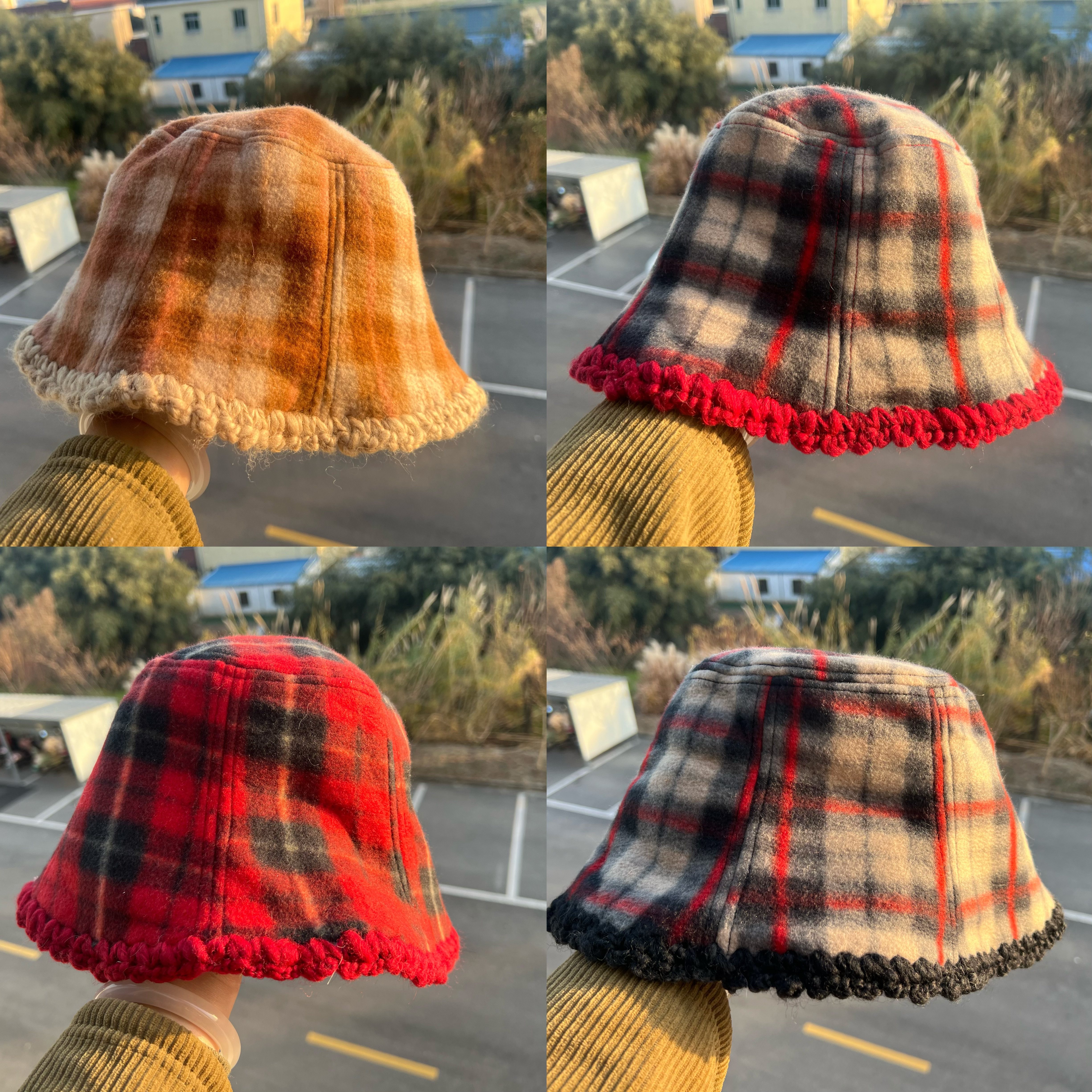 2C1-70森系复古撞色格子双面戴渔夫帽设计感个性保暖盆帽H25-12