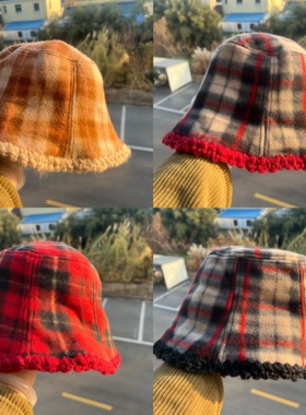 2C1-70森系复古撞色格子双面戴渔夫帽设计感个性保暖盆帽H25-12