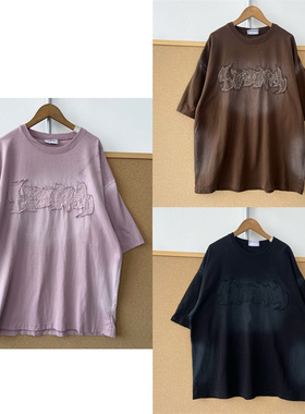 2J-158高货！小众潮牌水洗高街渐变哥特风刺绣T恤男女同款T26-4