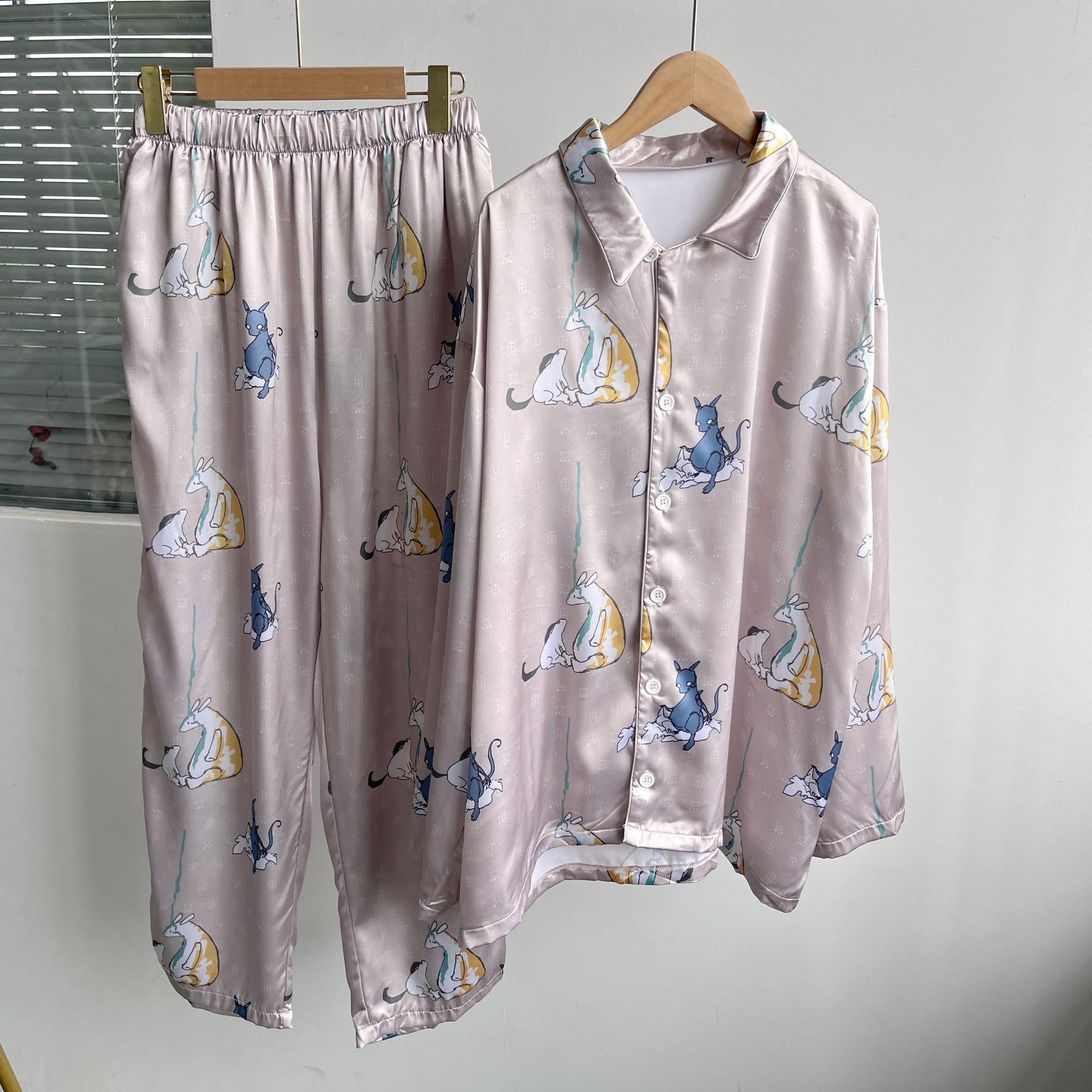 微瑕夏季趣味印花长袖睡衣开衫长裤家居服高级感舒适宽松时尚Y12