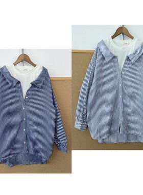 2K1-103假两件撞色条纹长袖衬衫女士上衣设计感慵懒风高级Y26-7