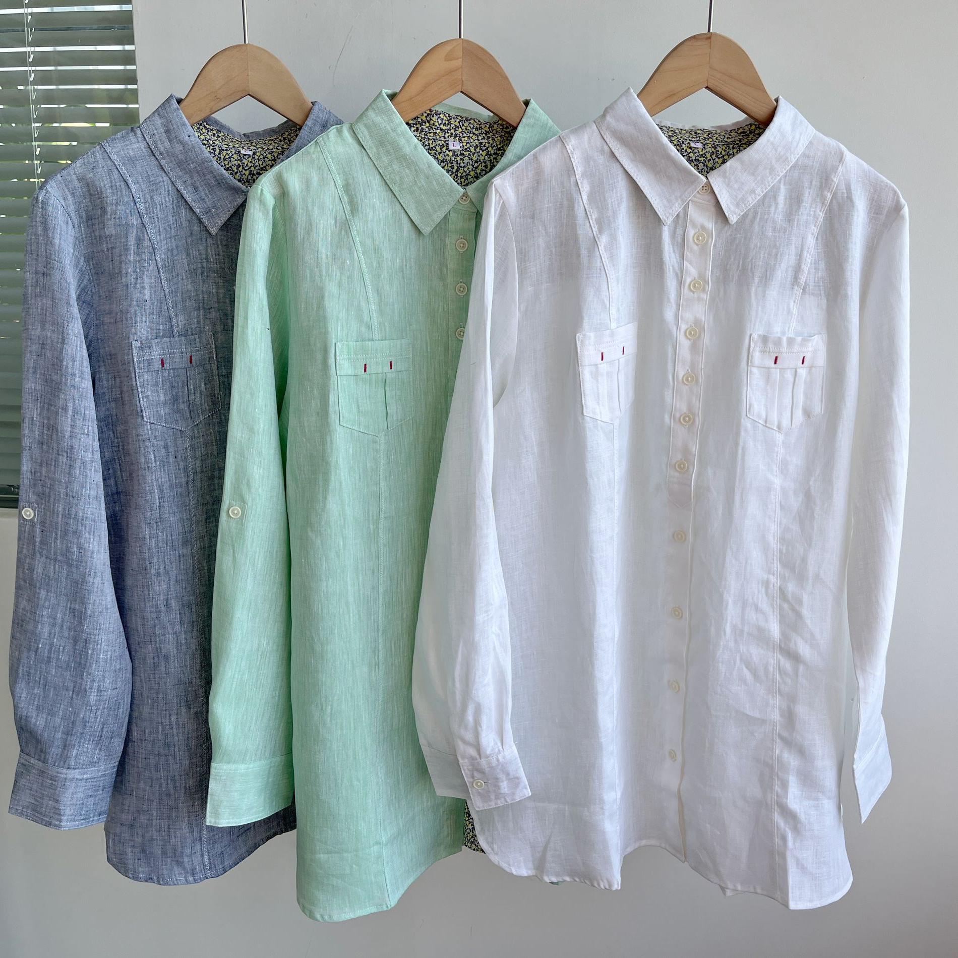 微瑕春秋款麻棉日系简约文艺宽松舒适休闲百搭单排扣翻领衬衫H10