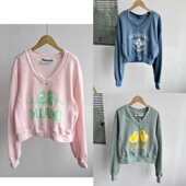 2墙1 V领印花图案上衣ZH25 4韩系简约减龄粉色短款 卫衣加绒秋季