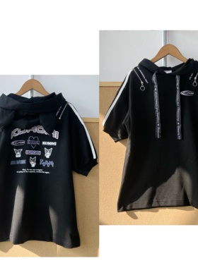 2L1-54儿童款抽绳连帽后背卡通图案印花卫衣甜酷中长款上衣J26-1