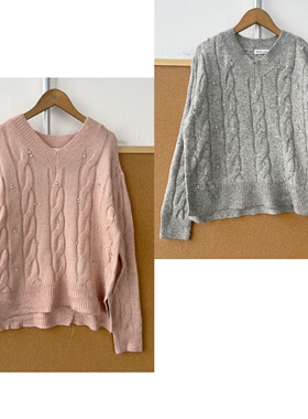 2S1-3含5%羊毛！法式钉珠钉钻麻花式慵懒风温柔系针织毛衣Z25-10