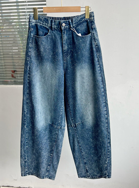 周2-25日单纯棉水洗做旧松紧高腰镰刀裤弯刀裤烫钻牛仔裤Z25-6