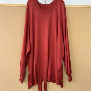 李1-52慵懒风红棕色针织衫女宽松大码下摆开叉系带设计T26-3