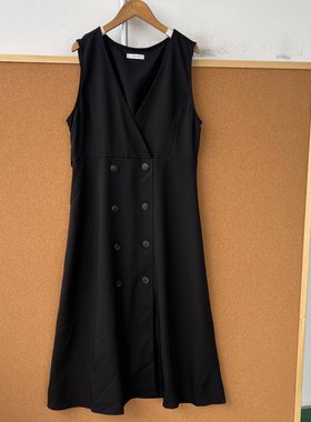 楼9-53女士V领双排扣气质端庄中长款宽松无袖马甲式连衣裙Z25-9
