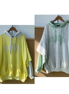 X2-127日潮连帽套头假两件大口袋字母印花设计感慵懒风卫衣Z25-12