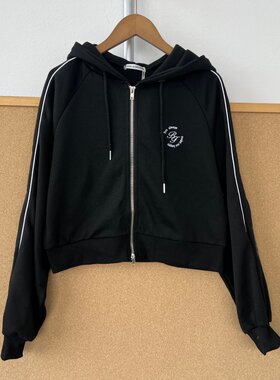 3T-43长袖双拉链连帽字母刺绣短款外套显瘦美式复古简约高腰Y26-7