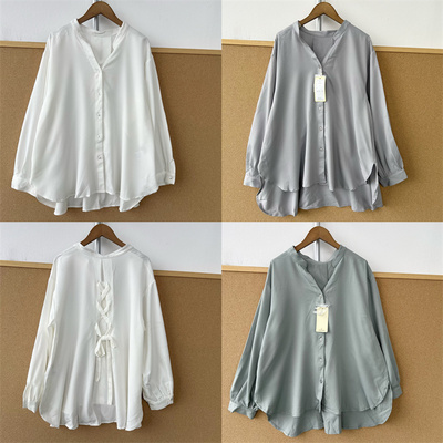 西1-51纯色长袖衬衫通勤内搭衬衣简约V领上衣设计感百搭翻领Y26-3