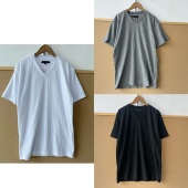 T恤H26 2F1 66竖条纹高级感肌理鸡心领简约纯色舒适休闲百搭短袖