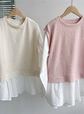 微瑕春秋季拼接长袖圆领T恤宽松显瘦时尚百搭舒适假两件设计感C7