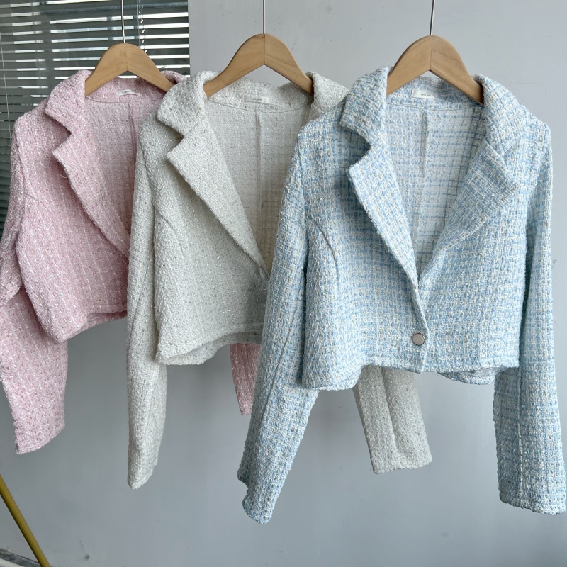 2J-23春秋女士小香风短外套气质休闲通勤百搭翻领上衣一粒扣Y25-5