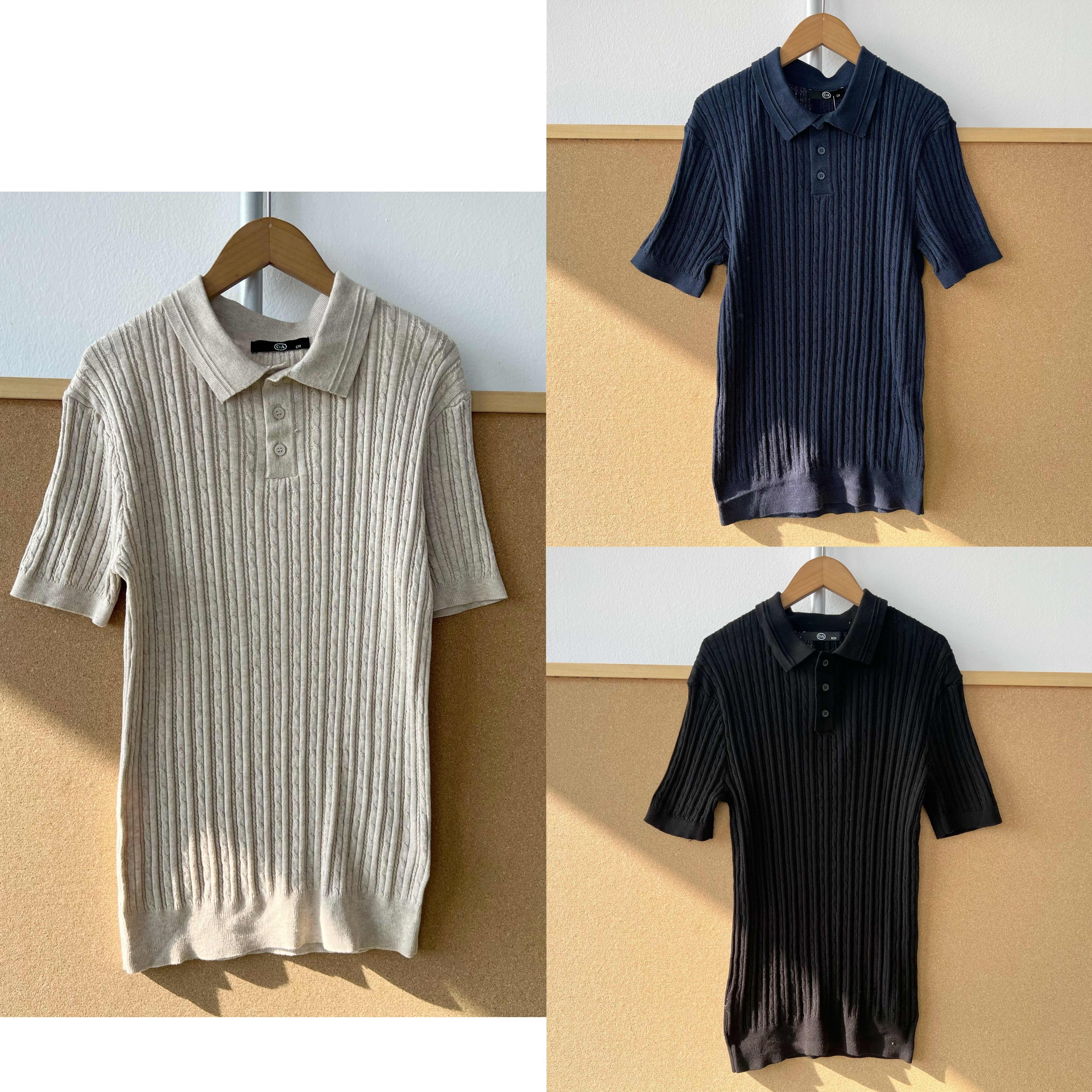 楼1-100日系麻花纹理设计感舒适亲肤短袖翻领T恤针织衫上衣H25-12