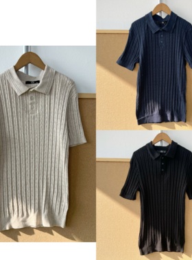 楼1-100日系麻花纹理设计感舒适亲肤短袖翻领T恤针织衫上衣H25-12