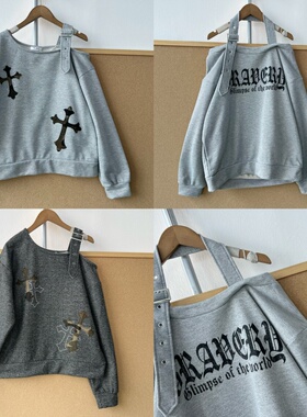 P2-65设计感露肩宽松百搭斜肩长袖上衣慵懒风套头卫衣显瘦Y26-3