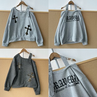 上衣慵懒风套头卫衣显瘦Y26 65设计感露肩宽松百搭斜肩长袖