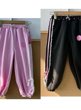 2Y1-47儿童款松紧高腰简约侧边条纹蕾丝蝴蝶结设计感休闲裤Z26-1