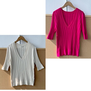 显瘦百搭高弹舒适上衣Z25 南11 女修身 针织衫 47韩系V领坑条中袖